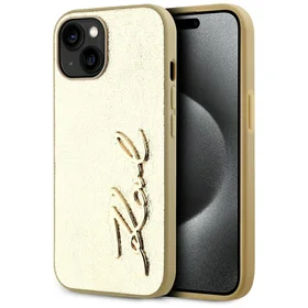 Karl Lagerfeld Wrinkled Metal Signature dėklas telefonui iPhone 15 - auksinė