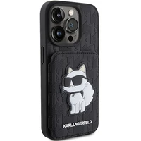 Karl Lagerfeld Saffiano kortelių lizdai ir stovas monograma Choupette dėklas iPhone 15 Pro - juoda