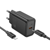 Įkroviklis telefonui Hoco USB C QC PD 30W + kabelis USB C į Lightning N62 juodas