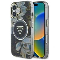 Guess Glitter Flowers Triangle Buttons Magnetinis dėklas telefonui iPhone 16 - juodas
