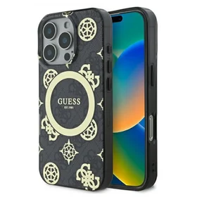 Guess IML Peony On 4G Background Magnetinis dėklas iPhone 16 Pro - juodas