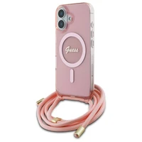 Guess Crossbody Cord Script MagSafe Dėklas telefonui Apple iPhone 16 - rožinis