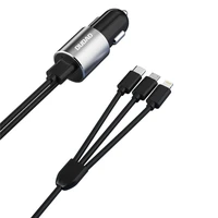 Dudao 3in1 USB automobilių įkroviklis 3,4 A su įmontuotu kabeliu Lightning / USB Type C / micro USB - juodas (m)
