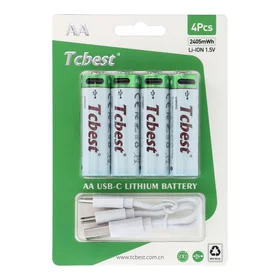 TCBEST įkraunama baterija R6 (AA) 1600 mAh su lizdu Type C + kabelis USB A į 4 x Type C 4 vnt.
