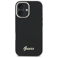 "Guess" silikoninis "iPhone 16 Plus" korpusas su metaliniu logotipu ir rėmeliu - juodas