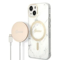 Rinkinys Guess GUBPP14SHMEACSH dėklas + įkroviklis iPhone 14 6.1" baltas/kietas dėklas Marmuras Magnetinis