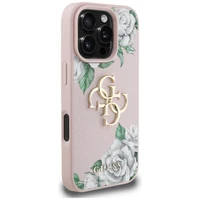 Guess Grained Roses Big 4G logo dėklas telefonui iPhone 16 Pro Max - rožinis
