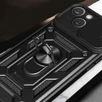Hybrid Armor Camshield dėklas su stovu ir kameros dangteliu iPhone 15 Plus telefonui - juodas