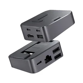 Hub Joyroom S-H121 USB-C stovas - USB-A 3.0 / RJ45 / HDMI / USB-C / Thunderbolt MacBook Pro - pilkas