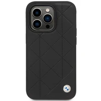 Dėklas telefonui BMW BMHCP14L22RQDK iPhone 14 Pro 6.1 - juodas odinis klostuotas raštas