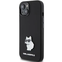 Karl Lagerfeld silikoninis Choupette Metal Pin dėklas telefonui iPhone 15 Plus / 14 Plus - juodas