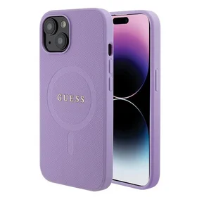 Guess Saffiano magnetinis dėklas telefonui iPhone 15 Plus - violetinis