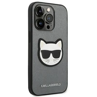 Karl Lagerfeld Saffiano Choupette Head Patch dėklas telefonui iPhone 14 Pro - sidabrinis