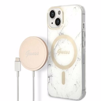 Rinkinys Guess GUBPP14MHMEACSH dėklas + įkroviklis iPhone 14 Plus 6.7" baltas/baltas kietas dėklas Marble Magnetinis