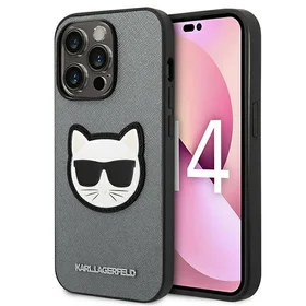 Karl Lagerfeld Saffiano Choupette Head Patch dėklas telefonui iPhone 14 Pro Max - sidabrinis