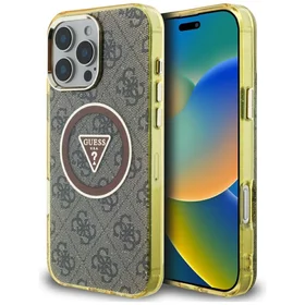 Guess IML Metal Glitter 4G Circle Triangle Magnetinis dėklas telefonui iPhone 16 Pro Max - rudas