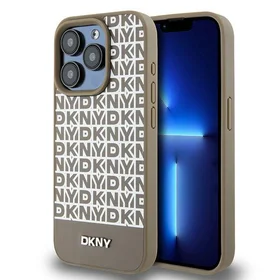 DKNY Odinis spausdintas rašto metalinis logotipas Magnetinis dėklas telefonui iPhone 15 Pro Max - rudas