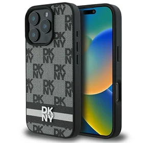 DKNY Dėklas telefonui iPhone 16 Pro su patikrintu raštu ir spausdintomis juostelėmis - juodas