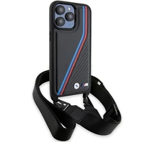 BMW M Edition anglies trispalvės linijos ir dirželis dėklas telefonui iPhone 15 Pro - juodas