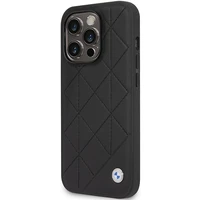 Dėklas telefonui BMW BMHCP14L22RQDK iPhone 14 Pro 6.1 - juodas odinis klostuotas raštas