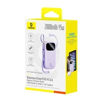 Baseus EnerFill FC31 20000mAh 45W išorinė baterija su ekranu su USB-C ir Lightning kabeliais - Violetinė