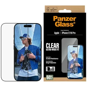 PanzerGlass itin platus EasyAligner grūdintas apsauginis stiklas iPhone 17 / 16 Pro telefonui