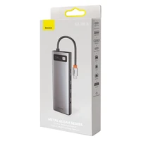 Baseus Metal Gleam 11in1 daugiafunkcinis USB Type C HUB - 3x USB 3.2 Gen 1 5Gbps / USB Type C PD 100W / 3.5 mm mini jack AUX / VGA Full HD 60Hz / 2x HDMI 4K 30Hz / TF ir SD kortelių skaitytuvas / RJ45 1Gbps pilkas (CAHUB-CT0G)