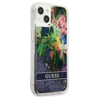 Guess GUHCP13SLFLSB iPhone 13 mini 5.4" mėlynas kietas dėklas gėlių skystas blizgučiai