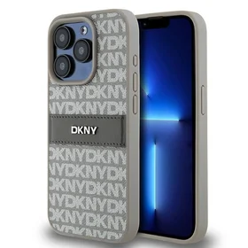 DKNY Odinis mono juosta ir metalinis logotipas dėklas telefonui iPhone 15 Pro Max - smėlio