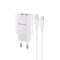 Borofone Sieninis įkroviklis BN2 Super - 2xUSB - 2,1A su USB į Type C baltas