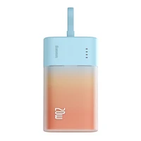 Baseus Popsicle 5200mAh 20W išorinė baterija su įmontuotu Lightning kabeliu (+ baltas Baseus Simple USB-C - USB-C 60W/20V/3A/30cm kabelis) - mėlyna-oranžinė