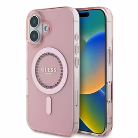Guess IML Rhinestones Magnetinis dėklas telefonui iPhone 16 Plus - rožinis