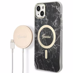 Rinkinys Guess GUBPP14MHMEACSK dėklas + įkroviklis iPhone 14 Plus 6.7" juodas/kietas dėklas Marmuras Magnetinis
