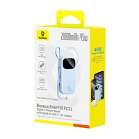 Baseus EnerFill FC31 20000mAh 45W išorinė baterija su ekranu su USB-C ir Lightning kabeliais - Mėlyna