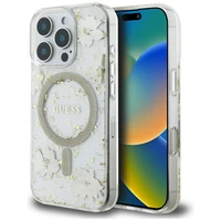 Guess Dėklas telefonui su derva gėlėmis ir blizgučiais Magnetinis iPhone 16 Pro - smėlinis