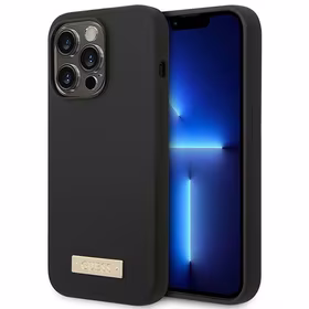 Guess GUHMP14XSBPLK iPhone 14 Pro Max 6.7" juodas/juodas kietas dėklas Silikoninė logotipo plokštelė Magnetinis