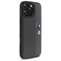 BMW M perforuota trispalvė linija iPhone 16 Pro Max dėklas - tamsiai pilkas