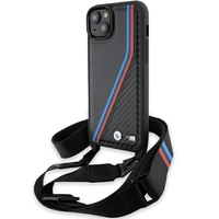 BMW M Edition anglies trispalvės linijos ir dirželis dėklas telefonui iPhone 15 Plus / 14 Plus - juodas