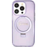 Guess dėklas telefonui su stovu Ring Stand Script Glitter magnetinis iPhone 15 Pro - violetinis