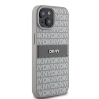 DKNY Odinis mono juosta ir metalinis logotipas dėklas telefonui iPhone 15 Plus / 14 Plus - smėlio