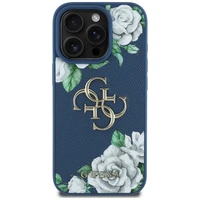 Guess Grained Roses Big 4G logo dėklas telefonui iPhone 16 Pro Max - mėlynas