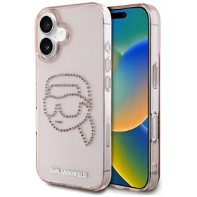 Karl Lagerfeld IML Rhinestones Karl Head dėklas telefonui iPhone 16 rožinis
