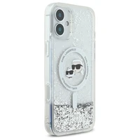 Karl Lagerfeld Liquid Glitter Karl & Choupette Head Magnetinis iPhone 16 Plus dėklas - skaidrus