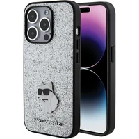 Karl Lagerfeld Fixed Glitter Choupette Logo Metal Pin Dėklas telefonui iPhone 15 Pro Max - sidabrinis
