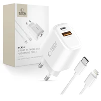 Tech-Protect NCA30 PD 30W QC3.0 USB-A / USB-C sieninis įkroviklis + USB-C / Lightning kabelis 100cm - baltas
