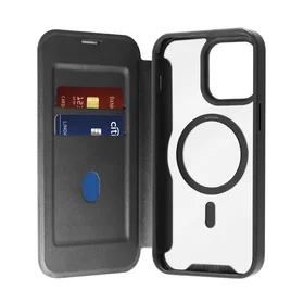 Puro Book Mag MagSafe odinis dėklas su flapu ir kortelių skyreliu iPhone 16 Pro Max - juodas