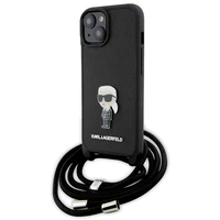 Karl Lagerfeld kryžminis Saffiano monograma metalinis ženkliukas Karl & Choupette dėklas telefonui iPhone 15 - juodas