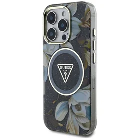 Guess Glitter Flowers Triangle Buttons Magnetinis dėklas telefonui iPhone 16 Pro - juodas