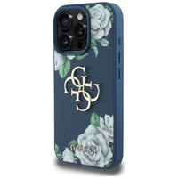 Guess Grained Roses Big 4G logo dėklas telefonui iPhone 16 Pro - mėlynas