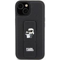 Karl Lagerfeld Gripstand Saffiano Karl&Choupette Pins dėklas telefonui iPhone 15 Plus / 14 Plus - juodas